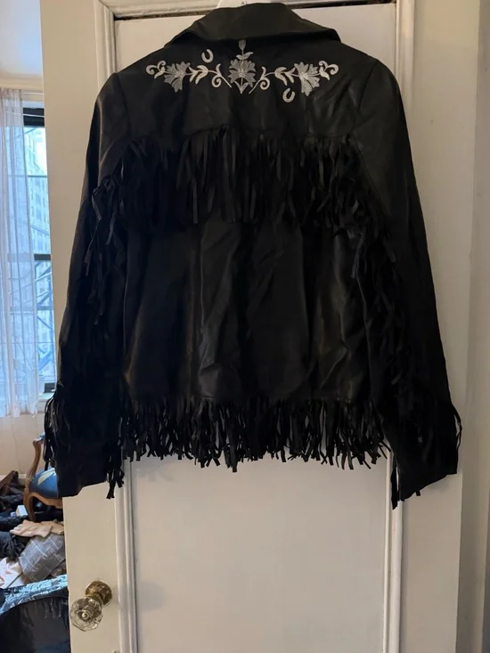 Black Leather Fringe Jacket with Embroidery - Picture 5 of 5